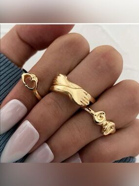 Gold 3pc Tone Women's Hand & Heart Ring Set